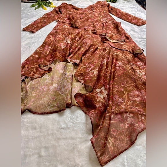 Marchesa Notte Floral Chiffon Asymmetrical Ruffle Dress in Rust Womens 8 - Picture 10 of 16